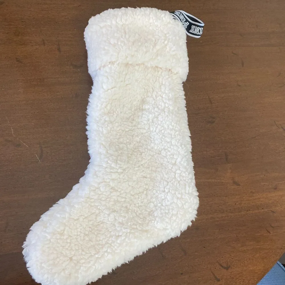 Victoria's Secret PINK Logo Faux Fur Sherpa Ivory Christmas Holiday Stocking - Picture 8 of 10
